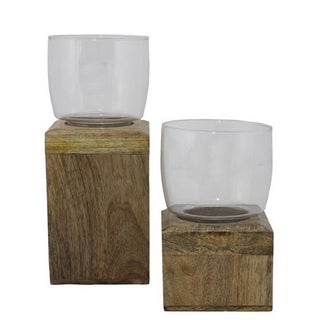 Rustic Wood & Glass Hurricanes - A Pair For Sale