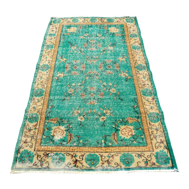 1960s Vintage Handmade Turquoise Rug For Sale