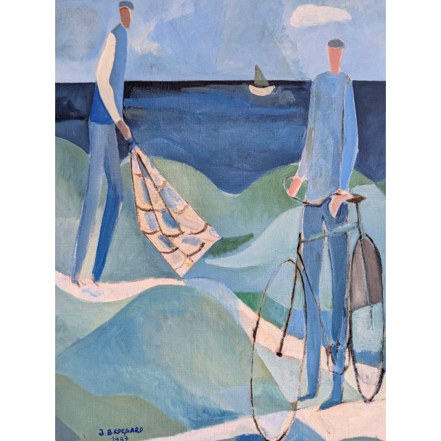 1987 Modernist 'Figures by the Sea' Vintage Swedish Original Coastal Landscape Oil Painting, Framed For Sale - Image 11 of 12
