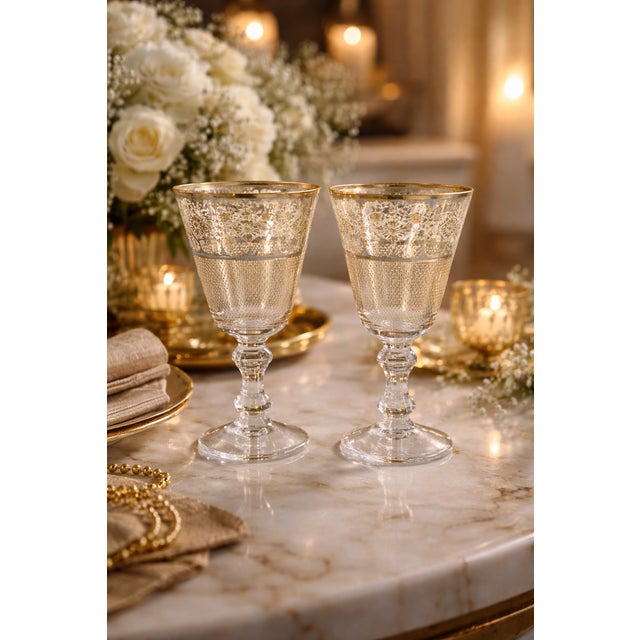 An elegant pair of vintage Patina Vie “London Secrets” 14 oz. goblets in soft blue, kissed in 18k gold with a gold floral,...