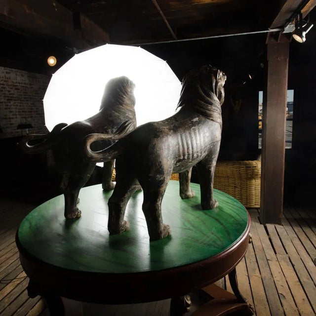 Asian 19th Century Asian Life Sized Polychromed Lion Head Wooden Statues - Set of 2 For Sale - Image 3 of 13