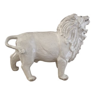 Signed White Glazed Pottery Lion Sculpture For Sale