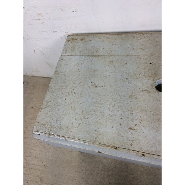 Wood Antique Farmhouse Gray Painted Bench Footstool For Sale - Image 7 of 14