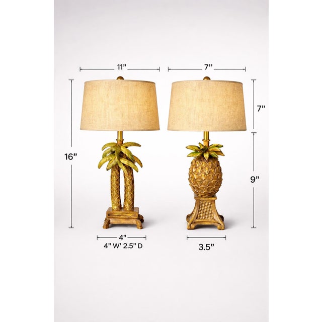 Tribal Late 20th Century Petite Tropical Palm Tree & Pineapple Table Lamps With Raffia Drum Shades – Palm Beach Coastal Regency Style, 16” H For Sale - Image 3 of 10