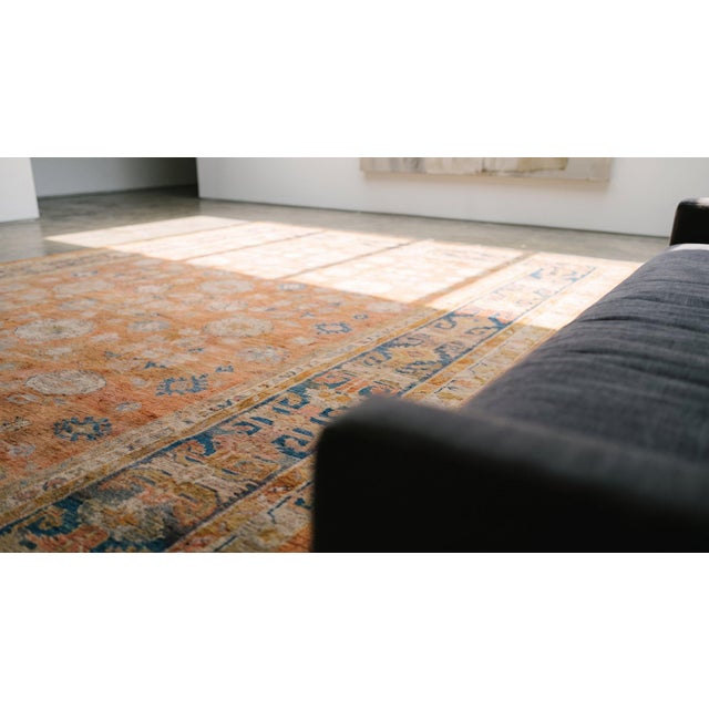 1880s Orange Salmon Geometric Tribal antiqueTurkish Decorative Angora Oushak Rug 9'9" X 13'3" Handknotted Wool Carpet For Sale - Image 9 of 11