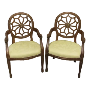 Pair of Georgian Style Carved Mahogany Wheelback Arm Chairs With Floral Damask Seats