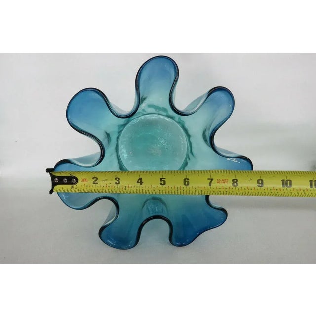 Mid Century Modern Blue Art Glass Ruffled Rim Handkerchief Bowl Vase For Sale - Image 4 of 11