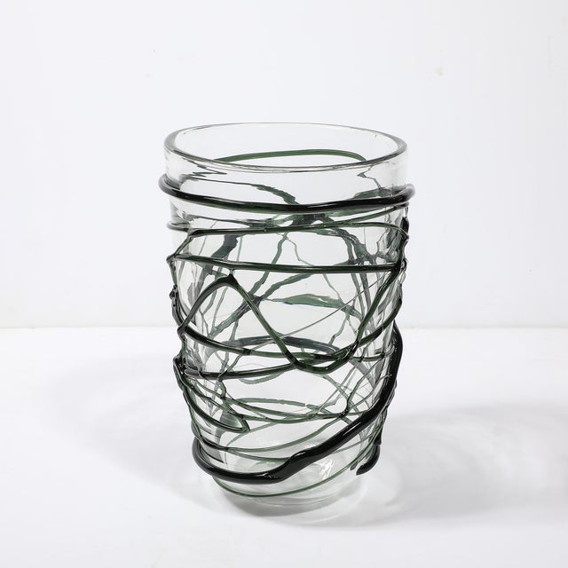 Hand-Blown Murano Glass Vase With Organic Viridian Green Sculptural Striations For Sale - Image 14 of 14