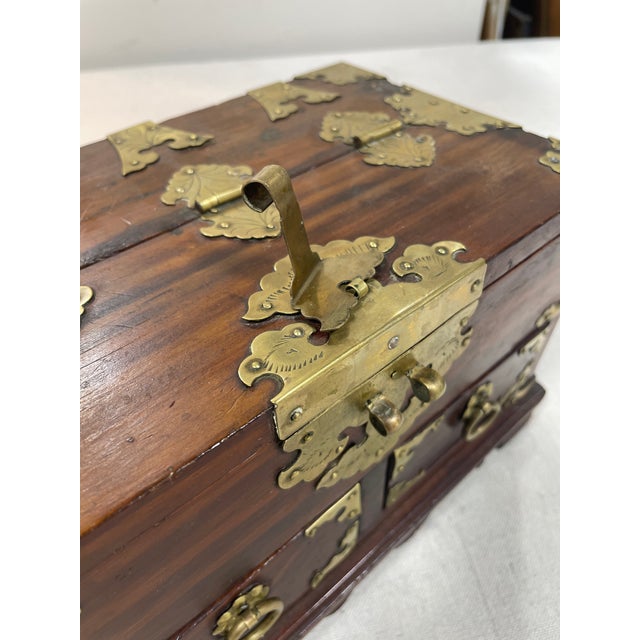 Wood Late 19th Century Mid Century Korean Wooden and Brass Jewelry Box For Sale - Image 7 of 11