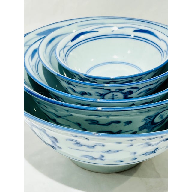 Set of Five Vintage Blue and White Nesting Asian Serving Bowls For Sale - Image 9 of 10