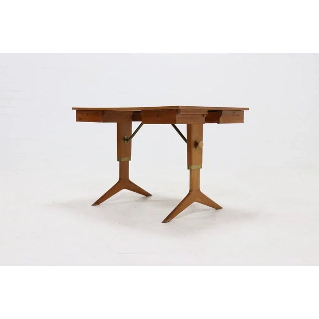 Brown Height Adjustable Birch and Brass Partner Desk, 1960s For Sale - Image 8 of 11