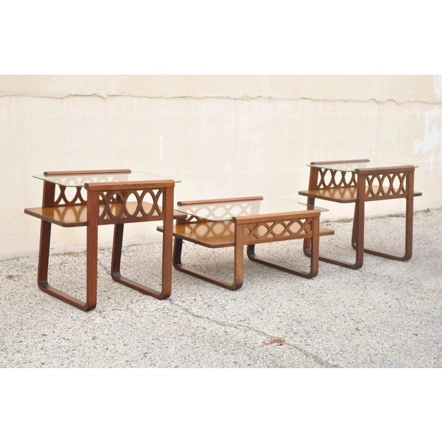 Vintage Mid Century Modern Mahogany & Glass Coffee Table & Pair End Table Set For Sale - Image 12 of 12