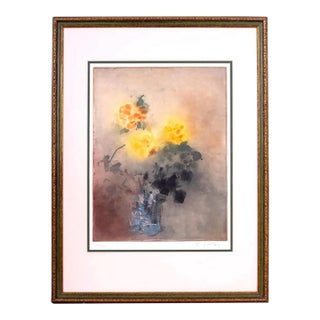1970s Mid-Century Modern Kaiko Moti "Yellow Flowers" Original Signed Aquatint Etching — Framed For Sale
