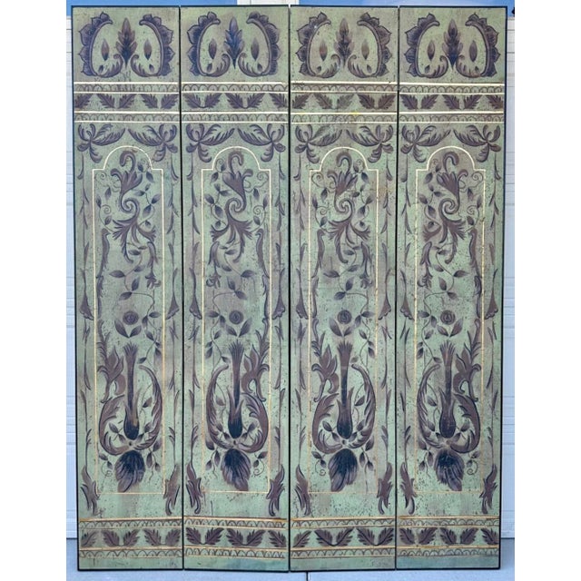 Art Deco 1920s Italian Art Deco Chinoiserie Four-Panel Hand-Painted Screen With Gold Gilt – Sage Green For Sale - Image 3 of 18