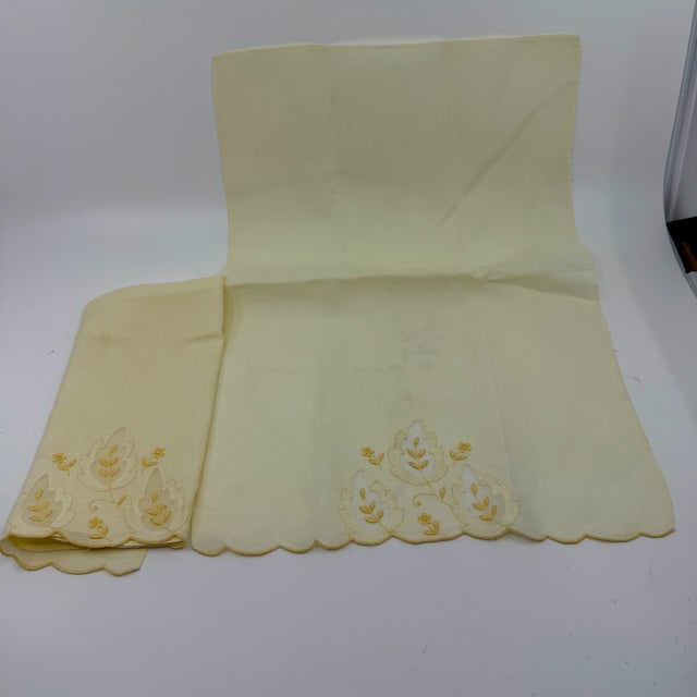 Pair Vintage Embroidered Pale Yellow Madeira Linen & Organza Fingertip Towels For Sale - Image 11 of 15