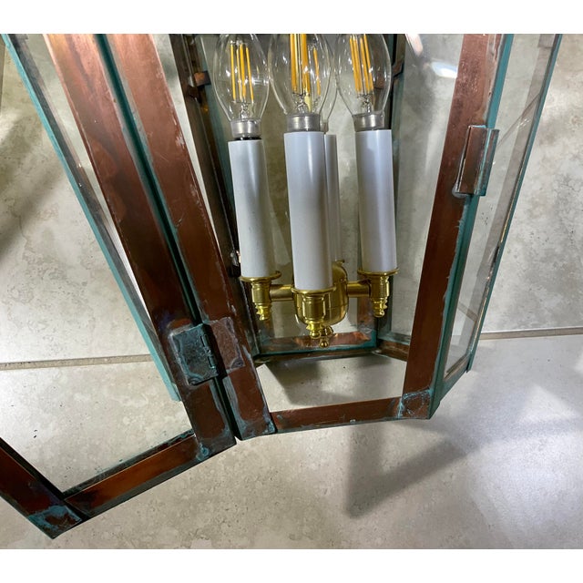 Exquisite Pair of Vintage Solid Copper & Brass Verdigris Lanterns For Sale - Image 13 of 14