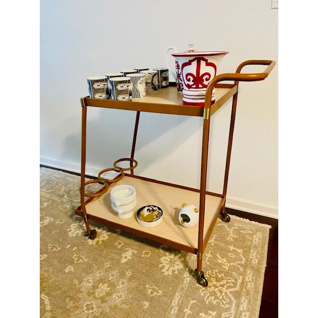 Mid-Century Modern Arteriors Bar Cart - Brand New - Cognac Leather, Blonde Oak & Antiqued Brass For Sale - Image 3 of 8