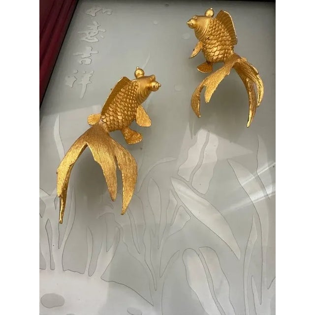 Metal 90s Chinese Risis Gold Fish Swimming Tableau 24k Gold Plated Framed Glass Vintage Japanese Asian For Sale - Image 7 of 13