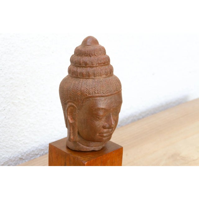 Khmer Serenity Old Stone Buddha Sculpture on Base For Sale - Image 4 of 8