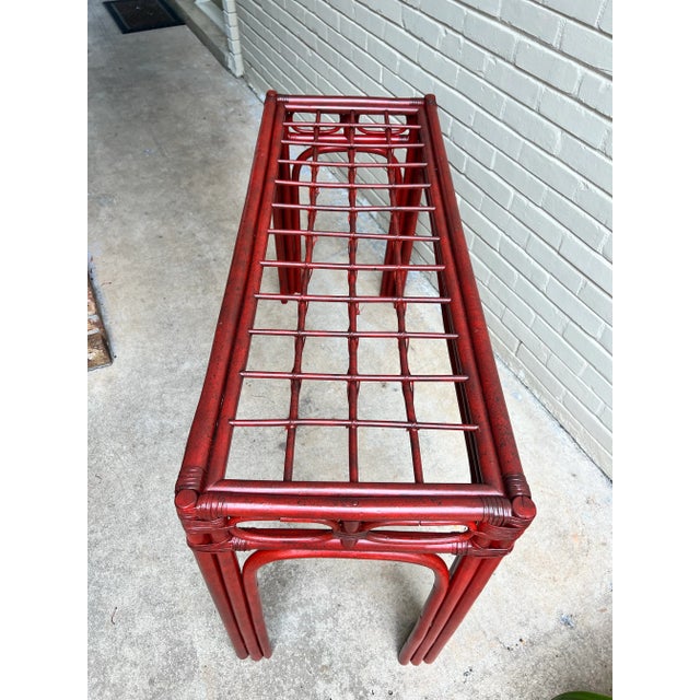 Late 20th Century Vintage Red Split Reed and Rattan Glass Top Console Entry Table - Newly Painted For Sale - Image 5 of 12