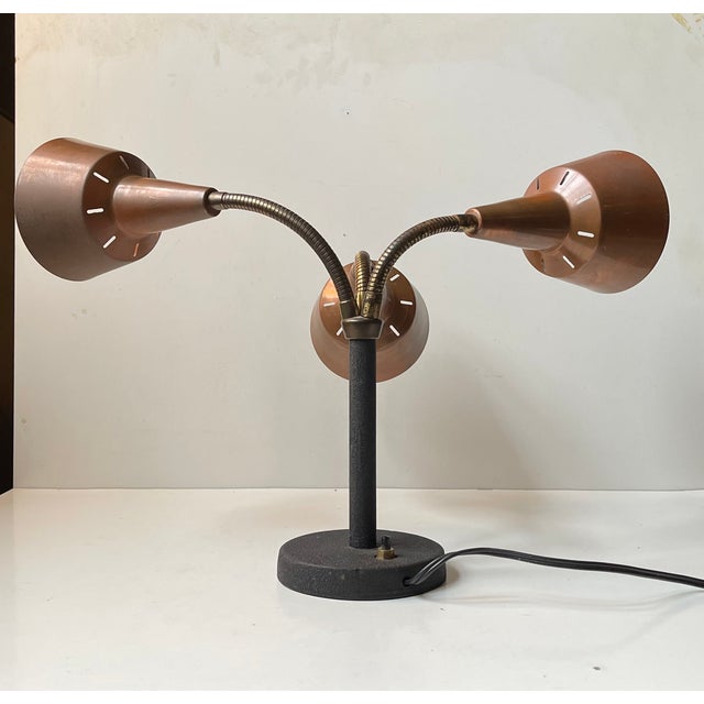 A very rare fully adjustable 3-shaded table or desk lamp. It has patinated solid copper shades and flexible brass...