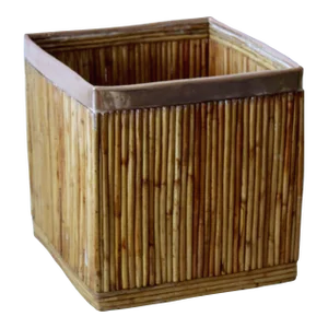 Gabriella Crespi Style Brass & Rattan Bamboo Cube Planter or Basket Large Mid Century