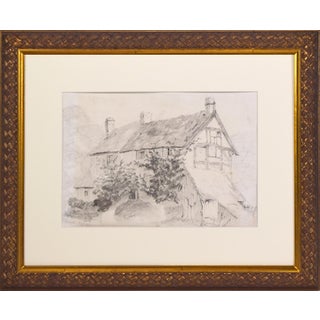 19th Century English Graphite Drawing of a Tudor Cottage With Thatched Roof For Sale