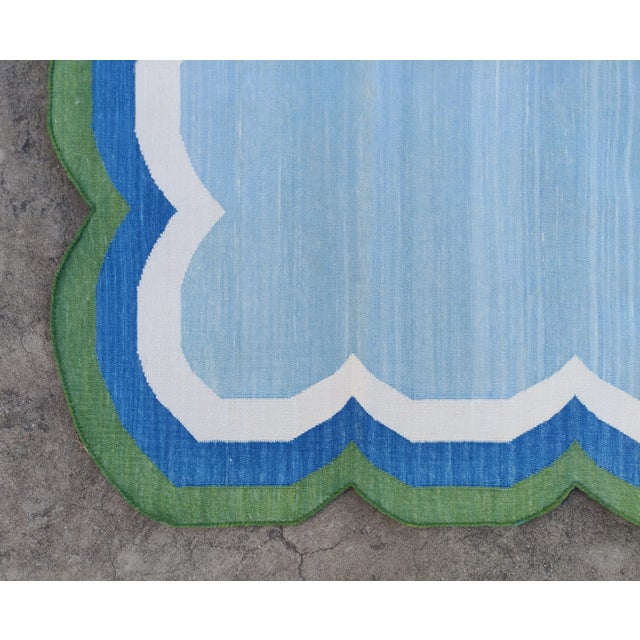 Not Yet Made - Made To Order Handmade Cotton Vegetable Dyed Scalloped Edge Rug Sky Blue With Cream Blue and Forest Green Border - 10x14 For Sale - Image 9 of 10