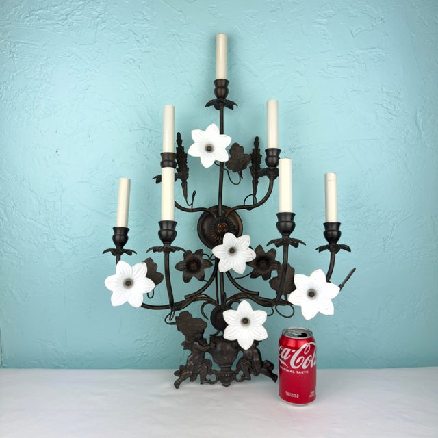 Vintage 7 Light Wrought Iron Wall Sconce With Milk Glass Flowers & Cherub Motif - Matching Sconce Available Separately For Sale - Image 10 of 12