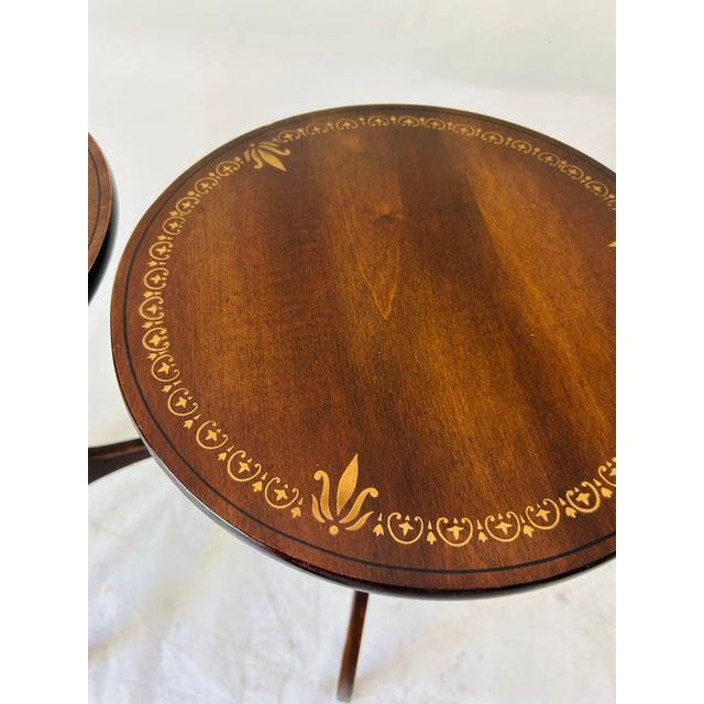 English 1970s Vintage L. Hitchcock Stencil Round Side Tables Pair For Sale - Image 3 of 7