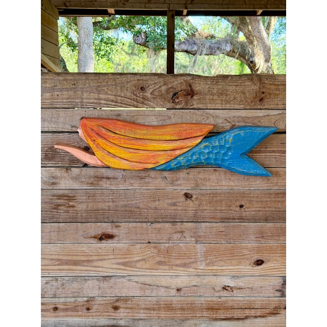 Vintage Hand-Carved Coastal Folk Art Mermaid Wall Sculpture For Sale - Image 11 of 12