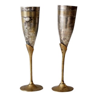 Vintage Brass & Silver Plated Champagne Flutes Pair For Sale
