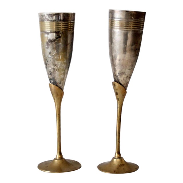 Vintage Brass & Silver Plated Champagne Flutes Pair For Sale