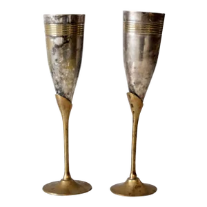 Vintage Brass & Silver Plated Champagne Flutes Pair