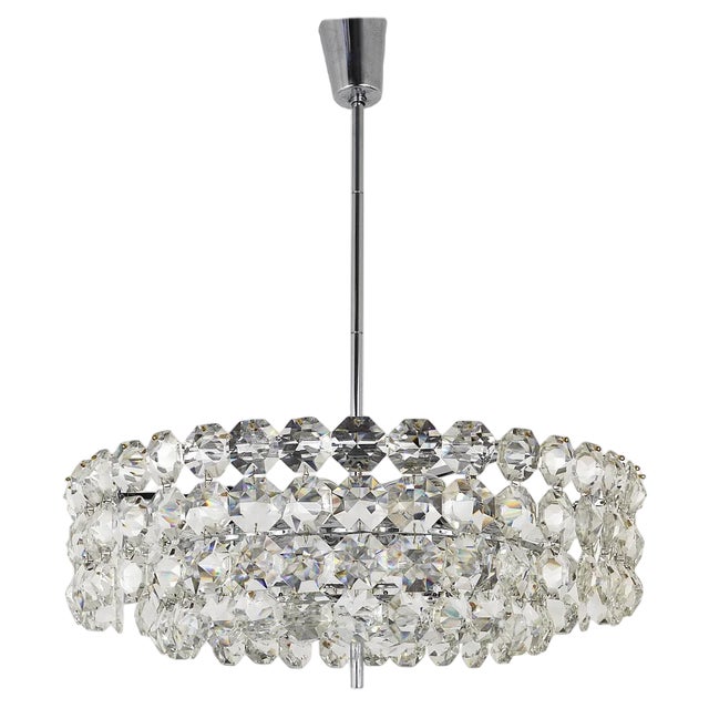 Large Round Chandelier with Diamond-Shaped Crystals from Bakalowits & Söhne, Austria, 1950s For Sale