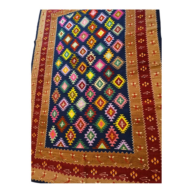 Oversized Rare 1970s Anatolian Wool Hairloom Kilim | Pristine Unused Chest Find | Grandma's Legacy With Bee, Cross & Wheat Motifs For Sale