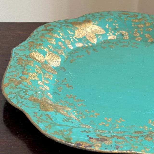 Early-20th Century Hand-Painted Teal & Gold Tole Serving Tray For Sale - Image 9 of 17