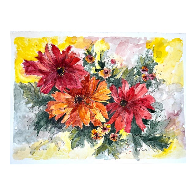 Original Watercolor Painting Ink and Wash Orange Dahlias For Sale