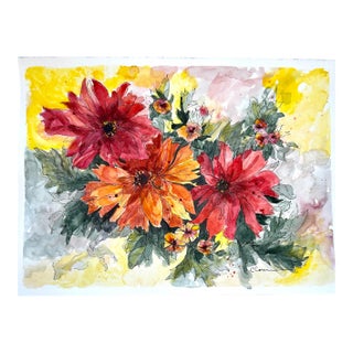 Original Watercolor Painting Ink and Wash “Red and Orange Dahlias” For Sale