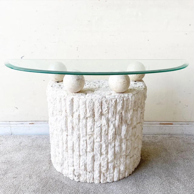 Postmodern Tessellated Stone Demi Lune Glass Top Console Table For Sale - Image 11 of 11