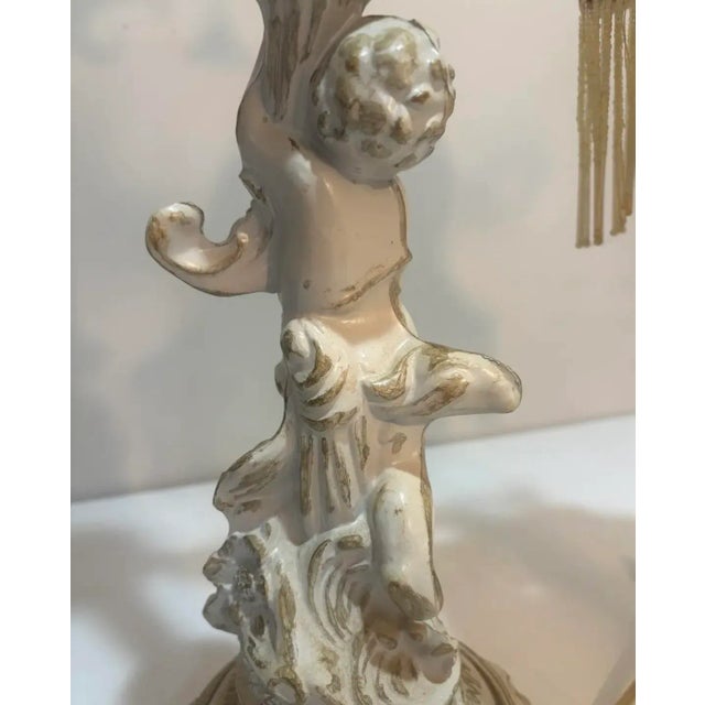 Vintage Cherub Boudoir Lamp Pair — Rococo Revival Putti Bases W/ Fringe Shades For Sale - Image 10 of 10