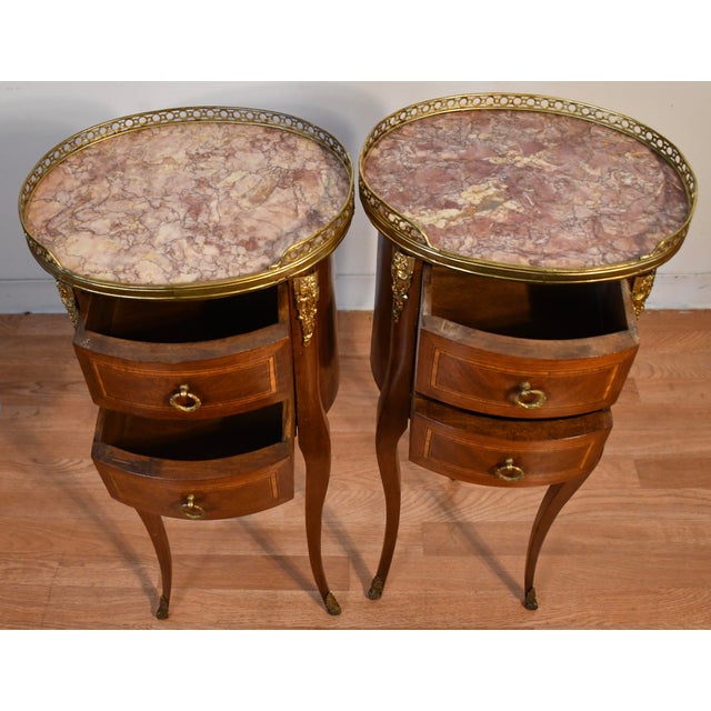 Wood 1880 Antique French Louis XV Walnut Inlaid Marble Top Nightstands Bedside Tables For Sale - Image 7 of 16
