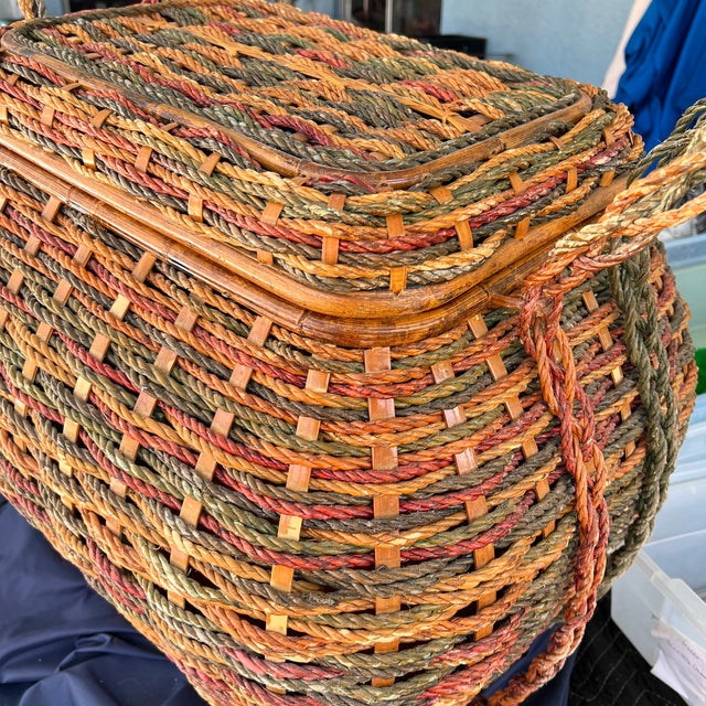 1970s Large Decorative Lidded Storage Basket With Colored Rope For Sale - Image 11 of 12