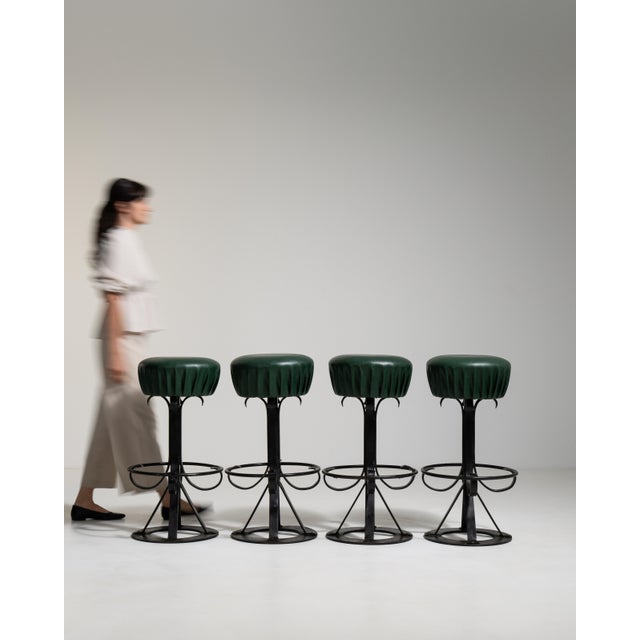 1970s Set of Four Bar Stools with Wrought Iron Bases For Sale - Image 12 of 16