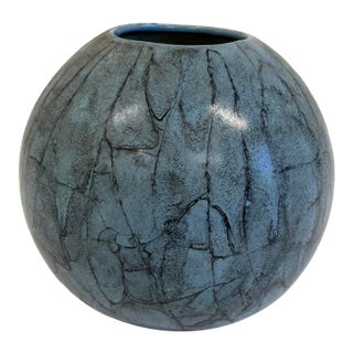 1980s Modernist Raku-Style Sphere Vase – Blue Crackle Ceramic Pottery For Sale
