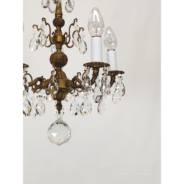 Antique 5 Arm 5 Light Dark Patina Ornate Brass Cut Lead Glass Crystal Chandelier For Sale - Image 10 of 12