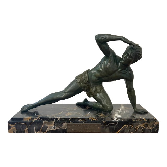 Art Deco Male Sculpture, Spelter, Marble, France circa 1930 For Sale