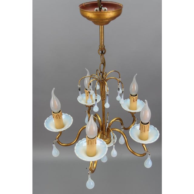 Italian Florentine Gilt Metal and White Opalescent Glass Five-Light Chandelier, 1970s For Sale - Image 9 of 18