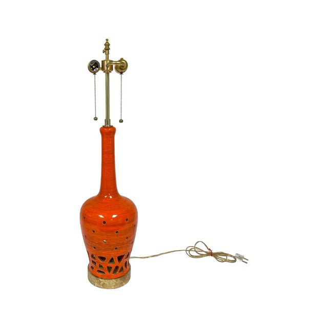 Orange Retro Orange Ceramic Lamp in Orange Glaze With Cut Outs & Lucite Base, Fully Refurbished For Sale - Image 8 of 9