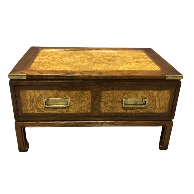 1970s Vintage Knob Creek Bookmatched Elm Burl Wood Campaign Coffee Table With Drawer For Sale - Image 5 of 5